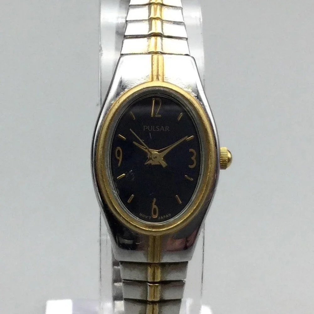 Pulsar Womens Watch 17mm Blue Dial Two Tone Stretch Band 1N01-X057 New Battery